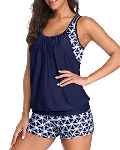 Women's Sporty T-Back Tankini Swimwear Tummy Control Boy Shorts-Blue And White Stars