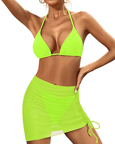 Women's 3 Piece Halter Bikini Top Push Up Bra Sexy Swimsuits-Yellow Green
