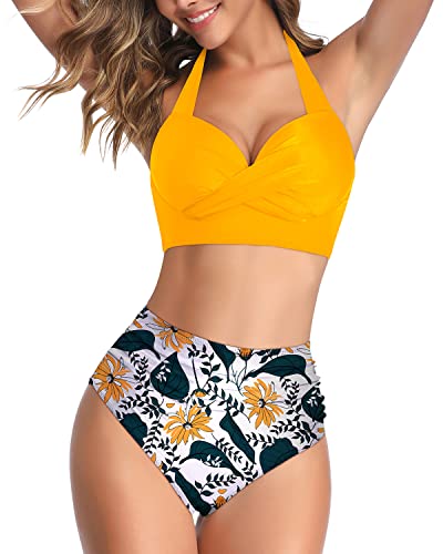 Push Up Womens Retro Halter Twist Front Swimsuit Tummy Control Bikini Set-Yellow Floral