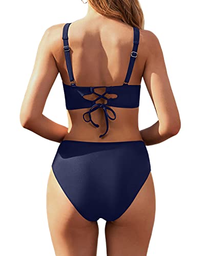 Twist Front Women's High Waisted Bikini Set Full Coverage Bathing Suit-Navy Blue