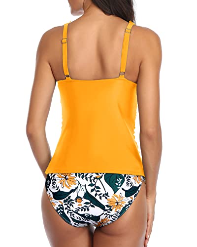 Slimming Double Ruffled Flounce Tankini Tummy Control Swimsuits For Women-Yellow Floral