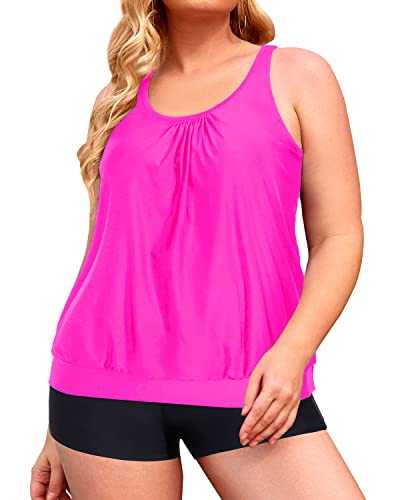 Slimming Tummy Control Tankini Bathing Suits For Women-Hot Pink