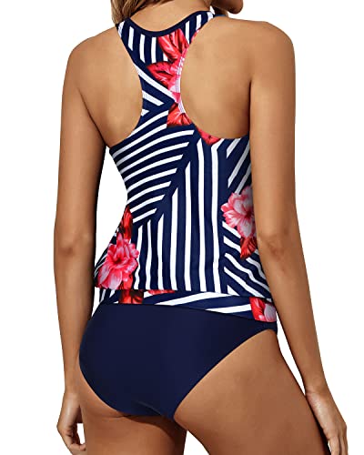 Loose Fit Two Piece Tankini Bathing Suits For Women Tummy Control-Blue Floral