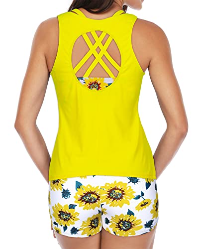 Athletic Tankini Swimsuit For Active Women-Yellow And Sunflower