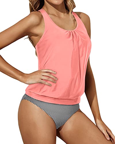 Blouson Two Piece Bathing Suits Tummy Control Tankini Swimsuits Women-Coral Pink Stripe
