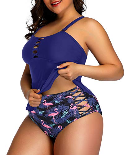 Lace Strappy Sides Bikini Bottoms Plus Size Swimsuits For Women-Blue Flamingo