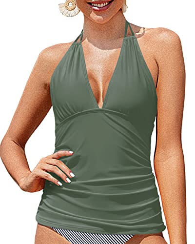 Women's Halter Tankini Top V Neck Swim Top Tummy Control Bathing Suit Top-Olive Green