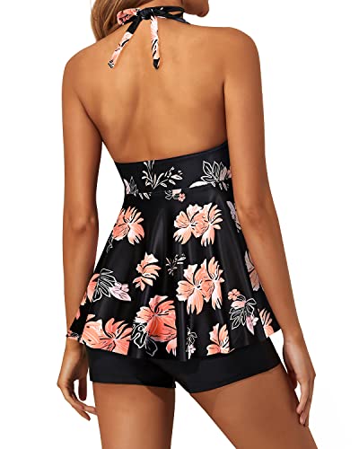 Adjustable Self-Tie Tankini Swimsuits For Women Shorts-Black Orange Floral