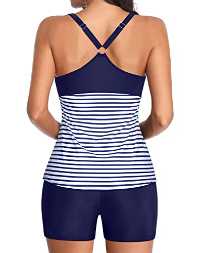 Athletic Racerback Tankini Swimwear Boy Shorts For Women-Blue White Stripe