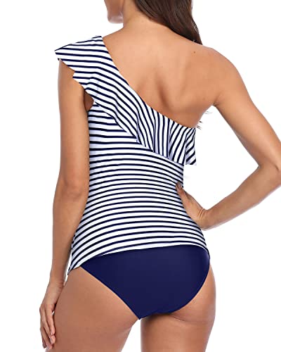 Women's Asymmetric One Shoulder Ruched Swimwear-Blue White Stripe