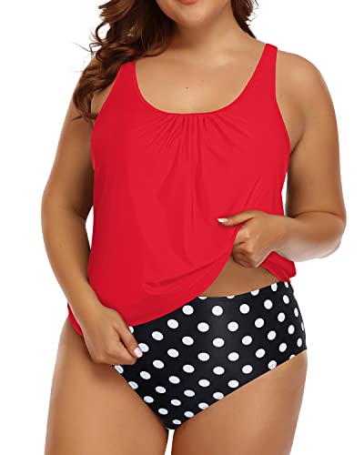 Women's Tummy Control Bathing Suit Blouson Tankini Swimsuit-Red Dot