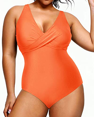 Slimming Twist Front Cross Plus Size Swimsuit For Women-Orange