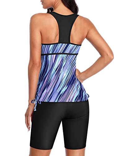 Two Piece V-Neck Tankini Swim Capris For Women-Blue Stripe