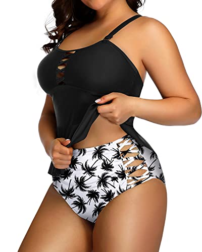 Plus Size Retro Ruffle Tankini Tops And Lace Strappy Sides Bikini Bottoms-Black Palm Tree