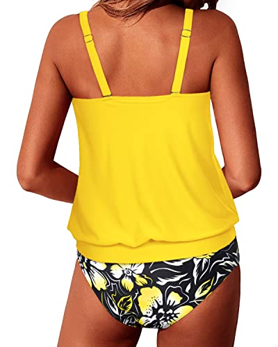 Women's Loose Fit Tankini Swimsuits Mid Waist Bottom-Yellow Floral