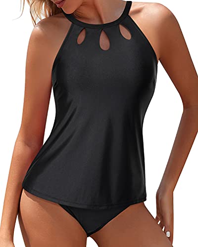 High Neck & Backless Design Two Piece Tankini Bathing Suit-Black