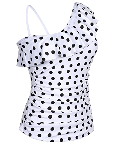 Push Up Bra One Shoulder Tankini Top Flirty Ruffle Detail-White Dot