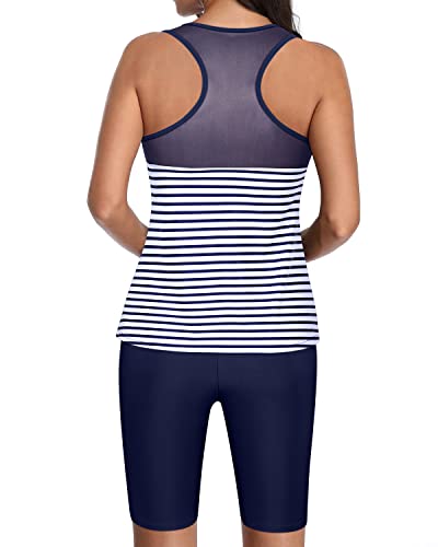 Women's Tummy Control Tankini Swimsuits Mesh See Through Bathing Suits-Blue White Stripe