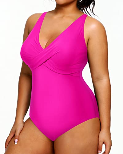 Women's Plus Size Tummy Control One Piece V-Neck Swimsuits-Neon Pink