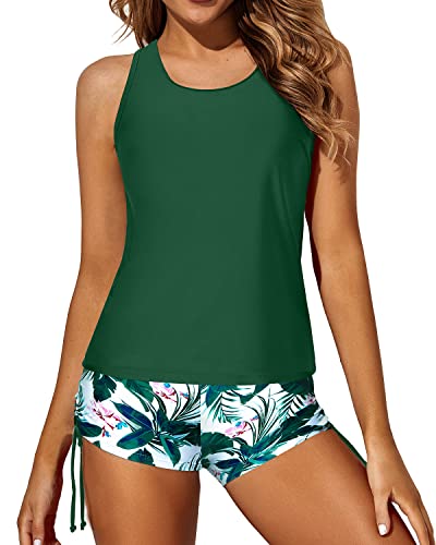 Sports Bra 3 Piece Tankini Swimsuits For Women-Green Floral