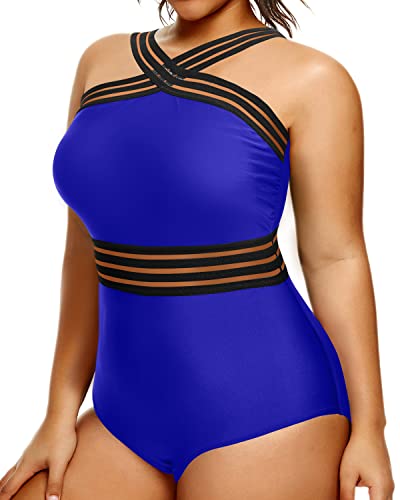 Front Crossover Mesh One Piece Swimsuit For Plus Size Women-Royal Blue