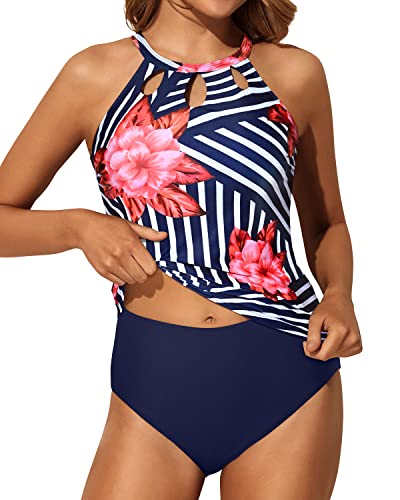 Two Piecehigh Waisted High Neck Tankini Swimsuits For Women-Blue Floral