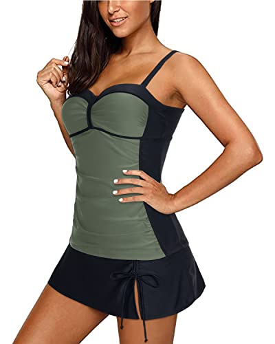 Flattering Ruched Tankini Swimsuits Skirt Set-Army Green