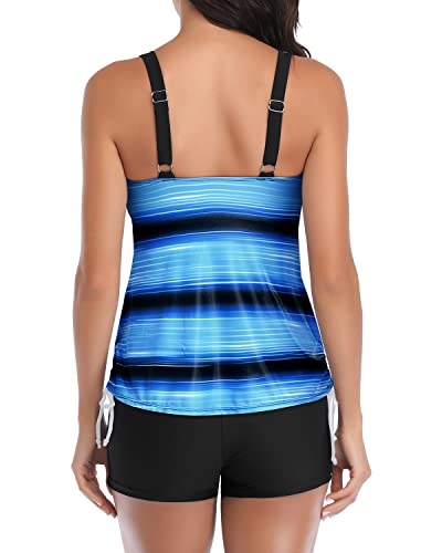 Slimming Swimwear Adjustable Shoulder Straps 2 Piece Tankini Swimsuits-Blue And Black Stripe
