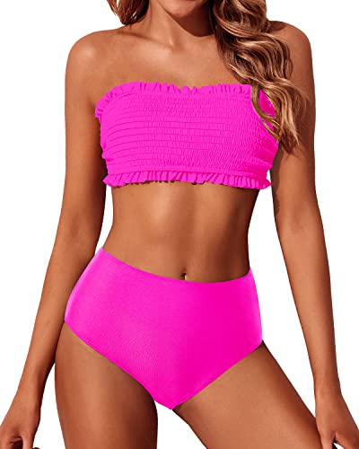 High Cut Womens Two Piece Off Shoulder Ruffle Bathing Suit-Neon Pink