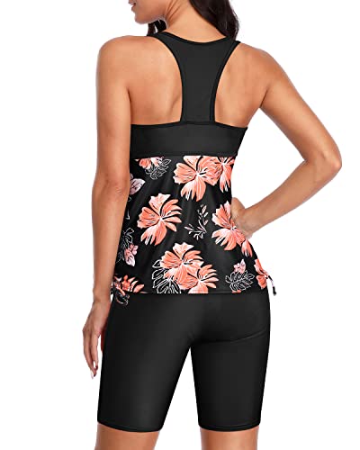 Racerback Tankini Swimsuit Shorts And Swim Capris-Black Orange Floral