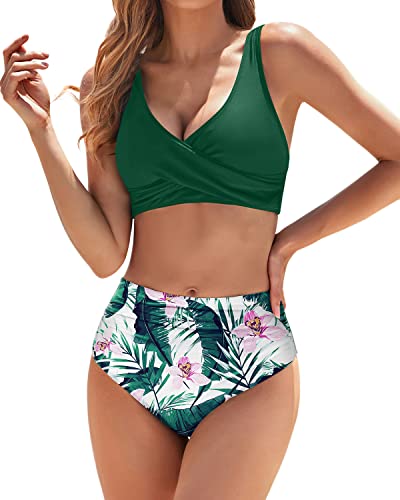 Women's Tummy Control Two-Piece High Waisted Bikini Swimwear-Green Tropical Floral
