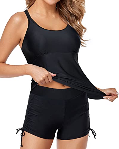 Two Piece Modest Tank Tops Tummy Control Bathing Suits-Black
