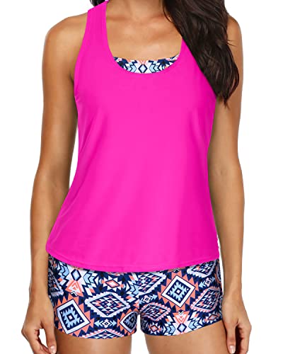 Women's Athletic Tankini Swimsuits Shorts And Bra Strappy Bathing Suits-Pink Tribal