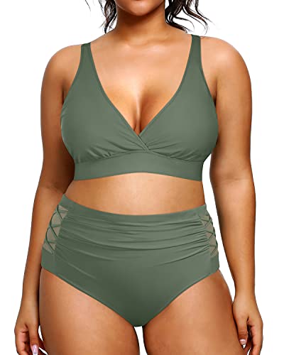 Plus Size Bikini High Waisted Two Piece Bathing Suit Ruched Design-Olive Green