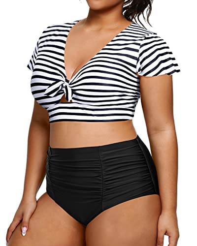 Plus Size Two Piece Bikini Set High Waisted Swimsuits Tummy Control Bathing Suits-Black And White Stripe