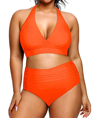Women's Sexy Two Piece Plus Size Halter Bikini Swimsuit-Neon Orange