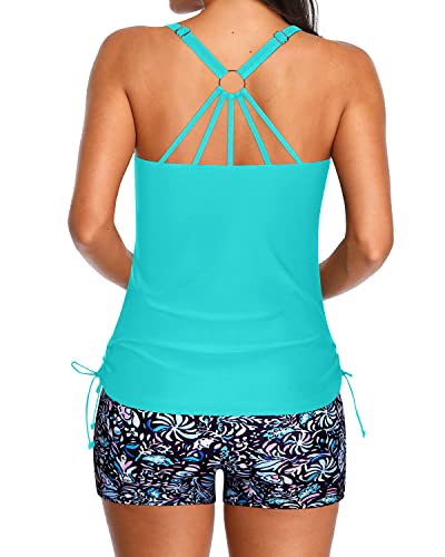 Adjustable Strappy Back Tankini Modest Coverage Side Tie Tank Top-Light Blue-Green Floral