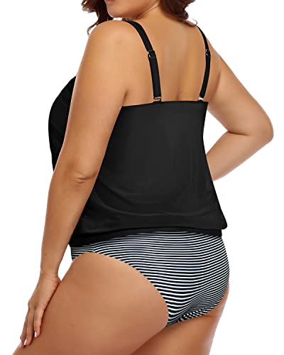Womens Plus Size Two Piece Bathing Suits Blouson Tankini High Waist Bottom-Black Stripe