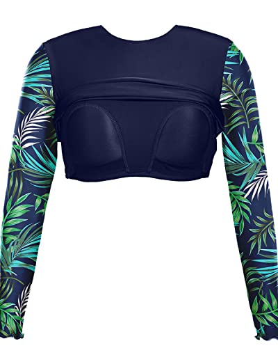 Two Piece Bathing Suit Long Sleeve Rash Guard For Women-Navy Blue Leaf
