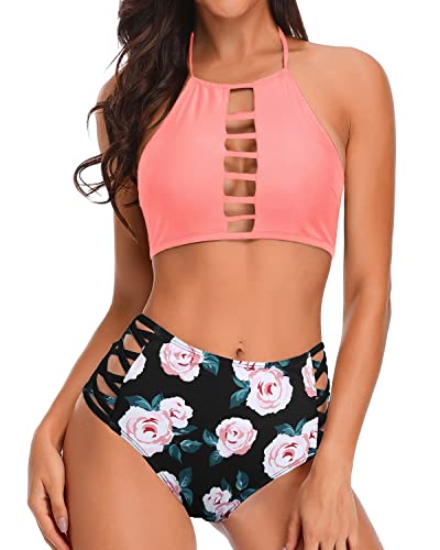 Modest High Neck Bikini Removable Padded Bra For Teens-Coral Pink Floral