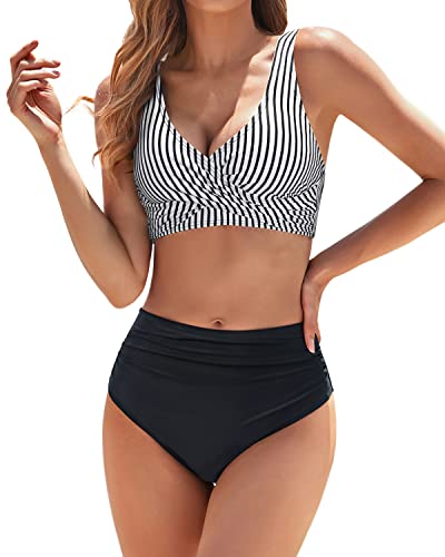 Ruched Women's Full Coverage Two Piece High Waisted Bikini Set-Black And White Stripe