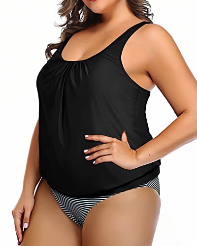 Womens Plus Size Two Piece Bathing Suits Blouson Tankini High Waist Bottom-Black Stripe