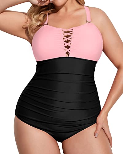 Women's Plus Size One Piece Swimsuit Deep V Neck Tummy Control Bathing Suit-Pink And Black