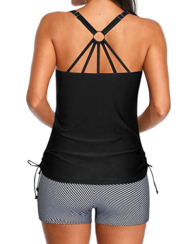 Tummy Control Tankini Strappy Back Sports Bra For Women-Black Stripe