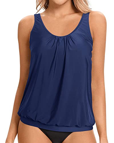 Athletic Tankini Bathing Top Adjustable Straps For Women-Navy Blue