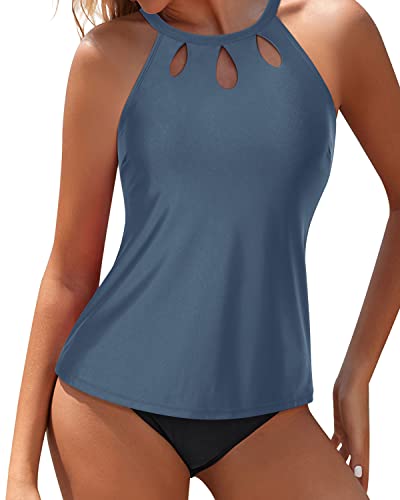 Modest And Trendy High Neck Tankini Set For Long Torsos-Grey