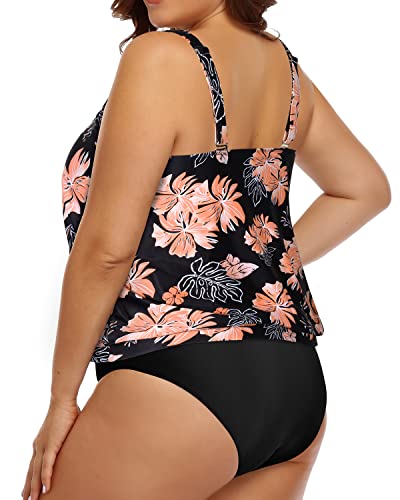 Women's Plus Size Two Piece Blouson Tankini Swimsuit-Black Orange Floral
