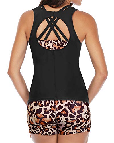 Teen Bathing Suit Boyshorts 3 Piece Tankini Swimsuits For Women-Black And Leopard