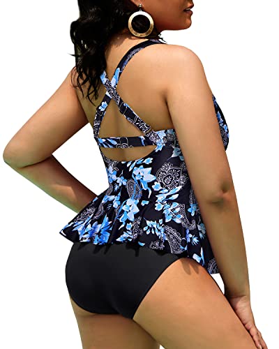Plus Size 2 Piece Tankini Swimsuits Tummy Control Bathing Suits-Black Floral