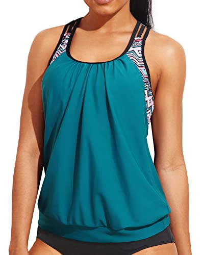 Ladies Blouson Tankini Top Double Up Swim Top Sporty Bathing Suit Top-Green Geometric